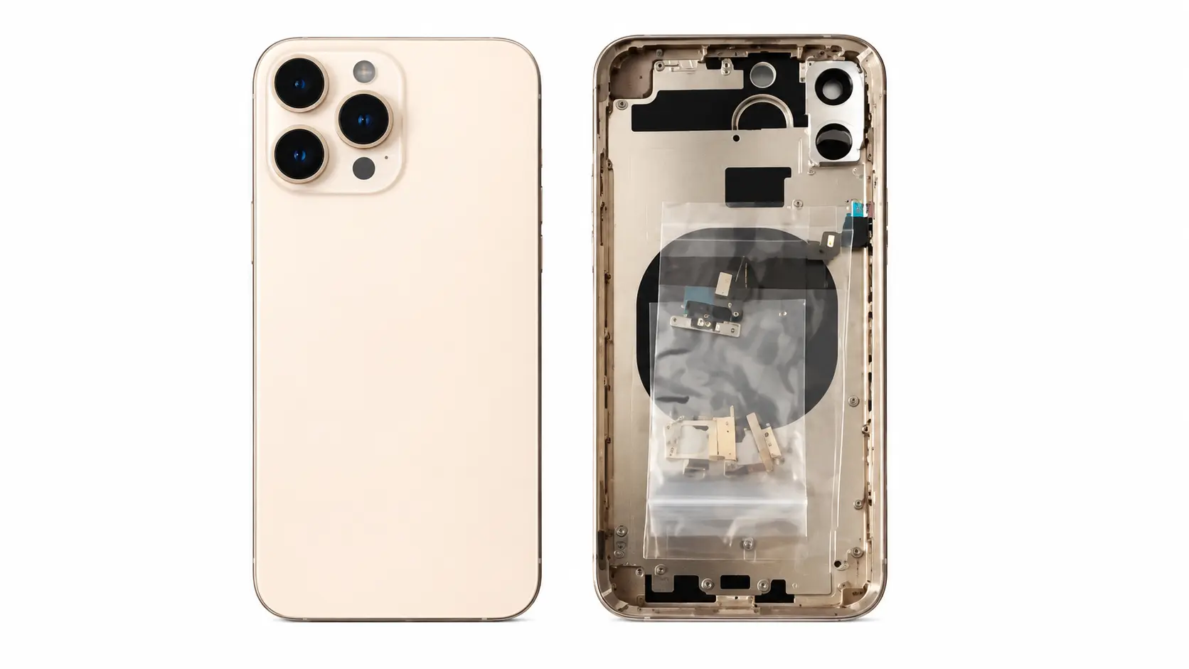 Gold smartphone back with triple camera on left and exposed internal chassis on right, displayed on a white background