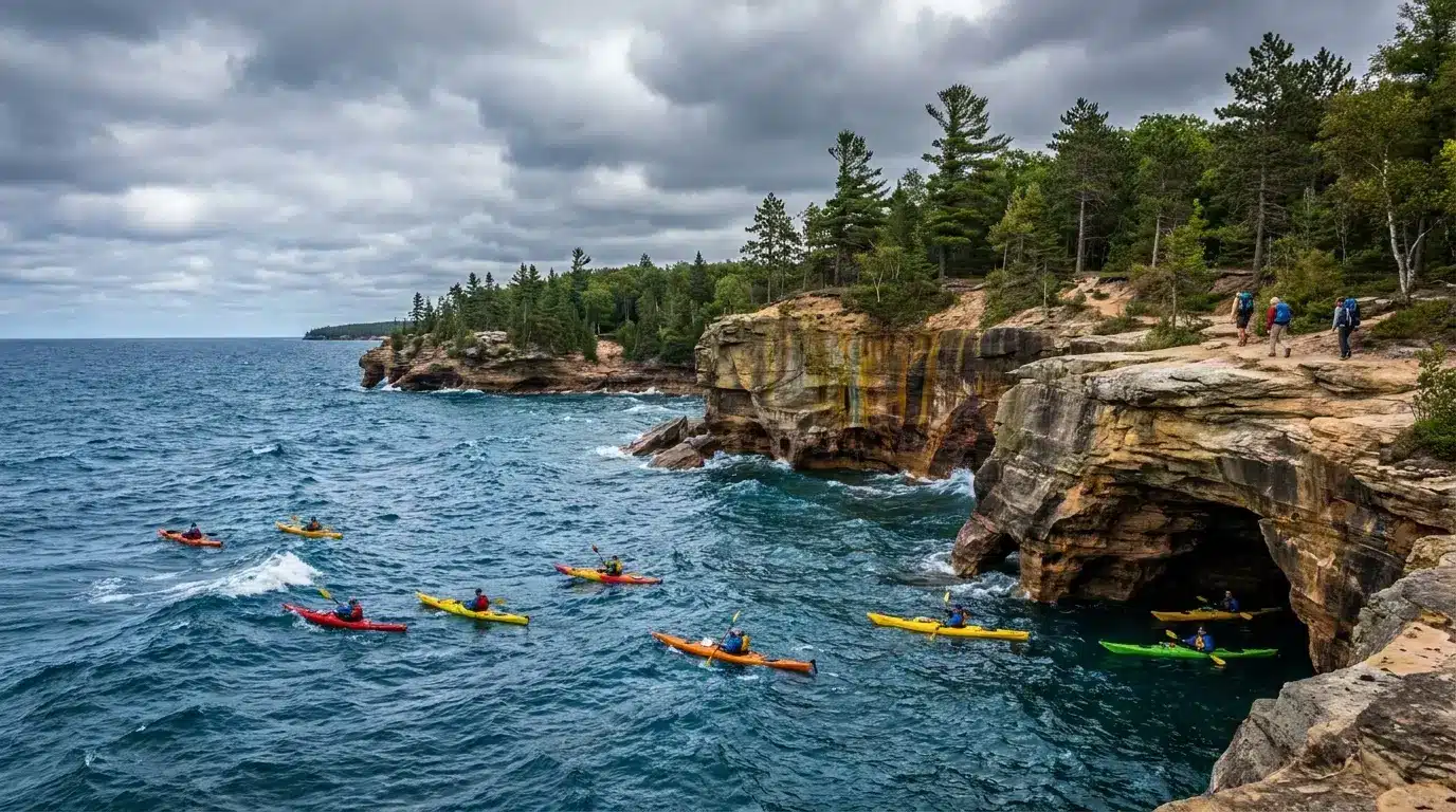 Kayakers exploring sea caves at Pictured Rocks