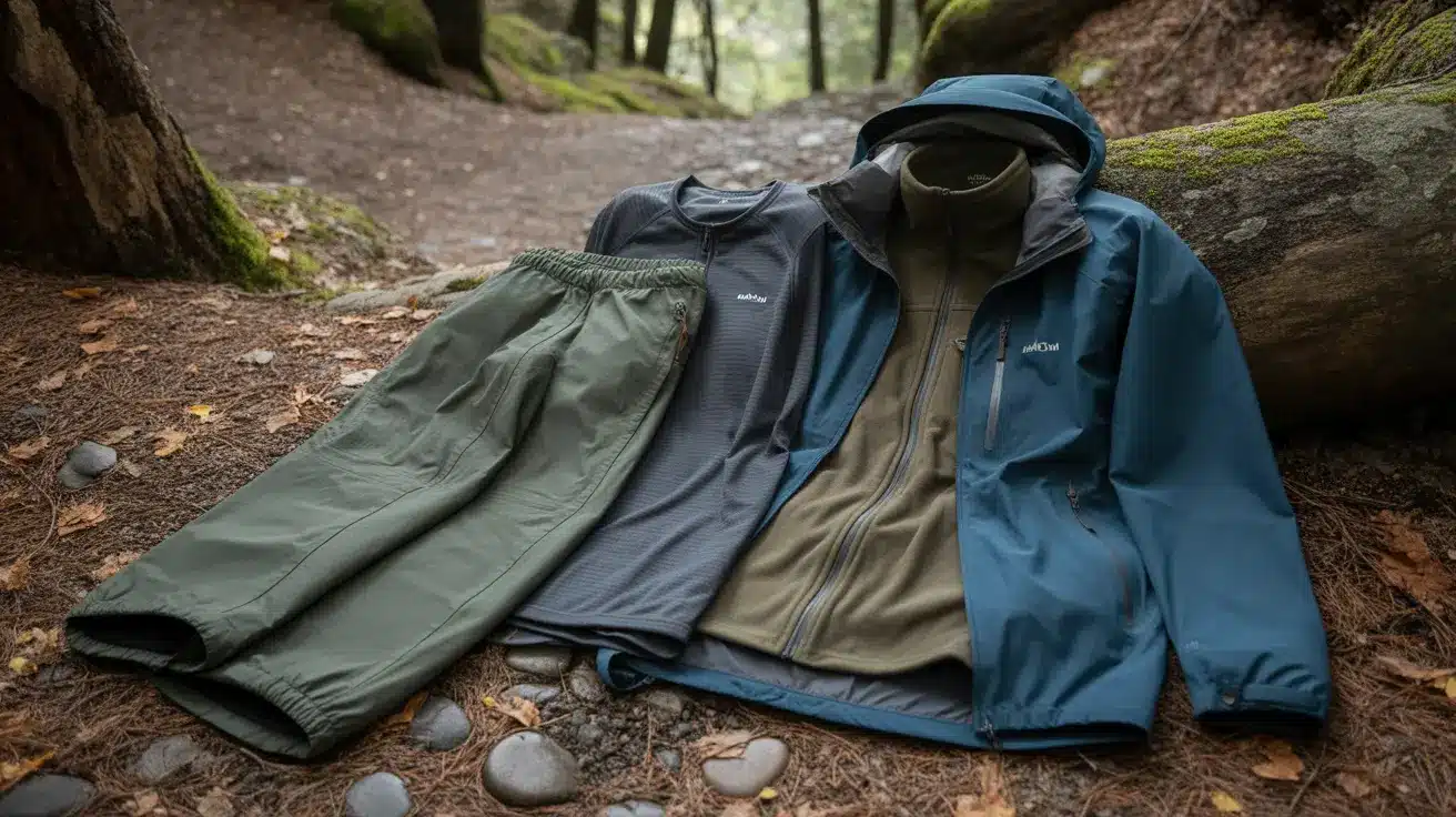 Layered hiking clothes arranged on forest trail for changing weather