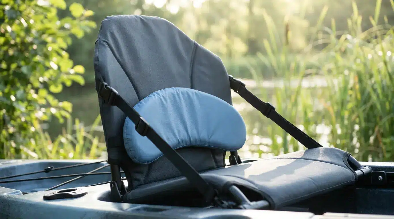 Lumbar support pad attached to kayak seat