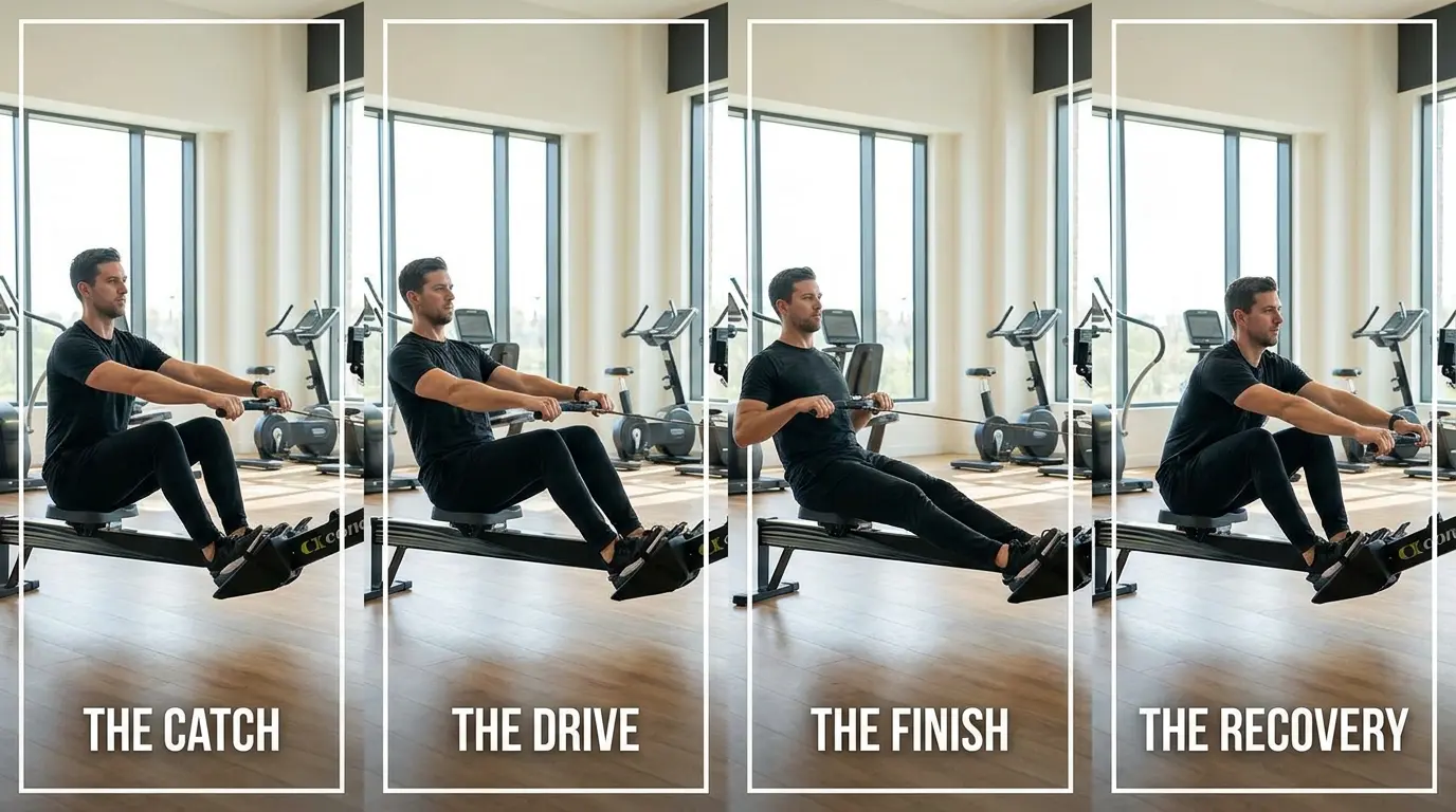 Man demonstrating the four phases of rowing