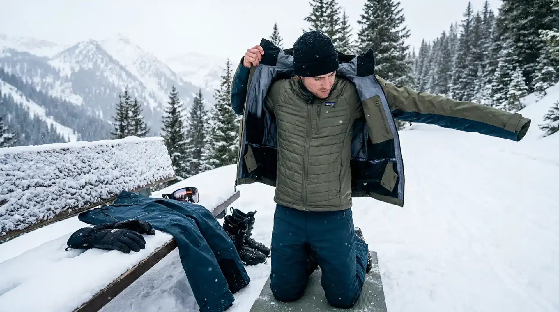 Man putting on layered winter clothing for skiing in a snowy mountain landscape