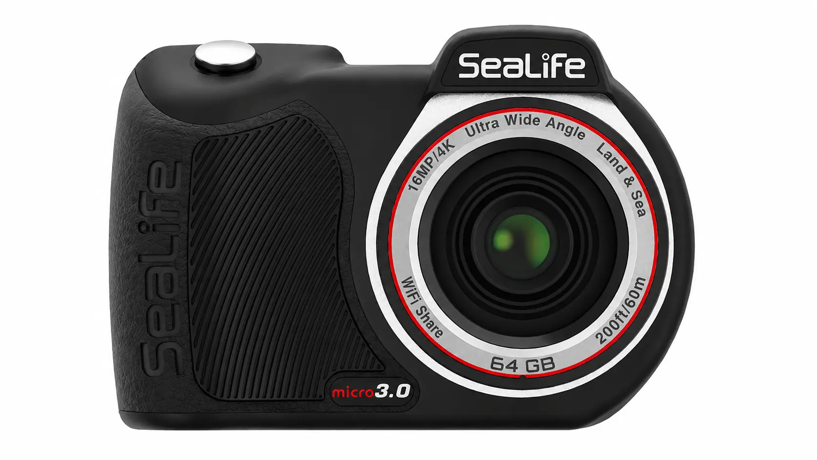 Front-facing SeaLife Micro 3.0 action camera with wide-angle lens on a white background, isolated and centered.