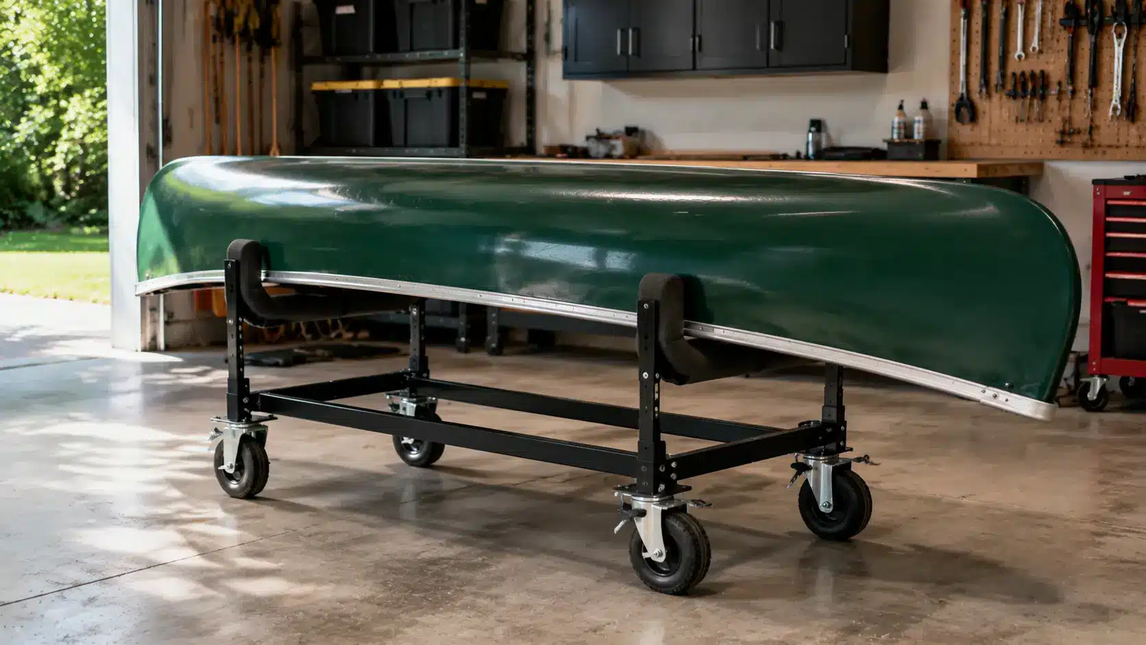 Mobile canoe cart holding canoe indoors with padded arms