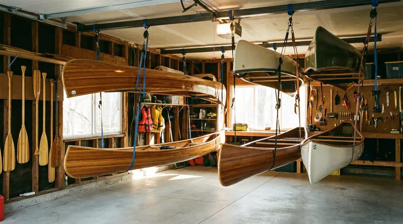 Multiple canoes suspended from heavy-duty overhead storage in garage