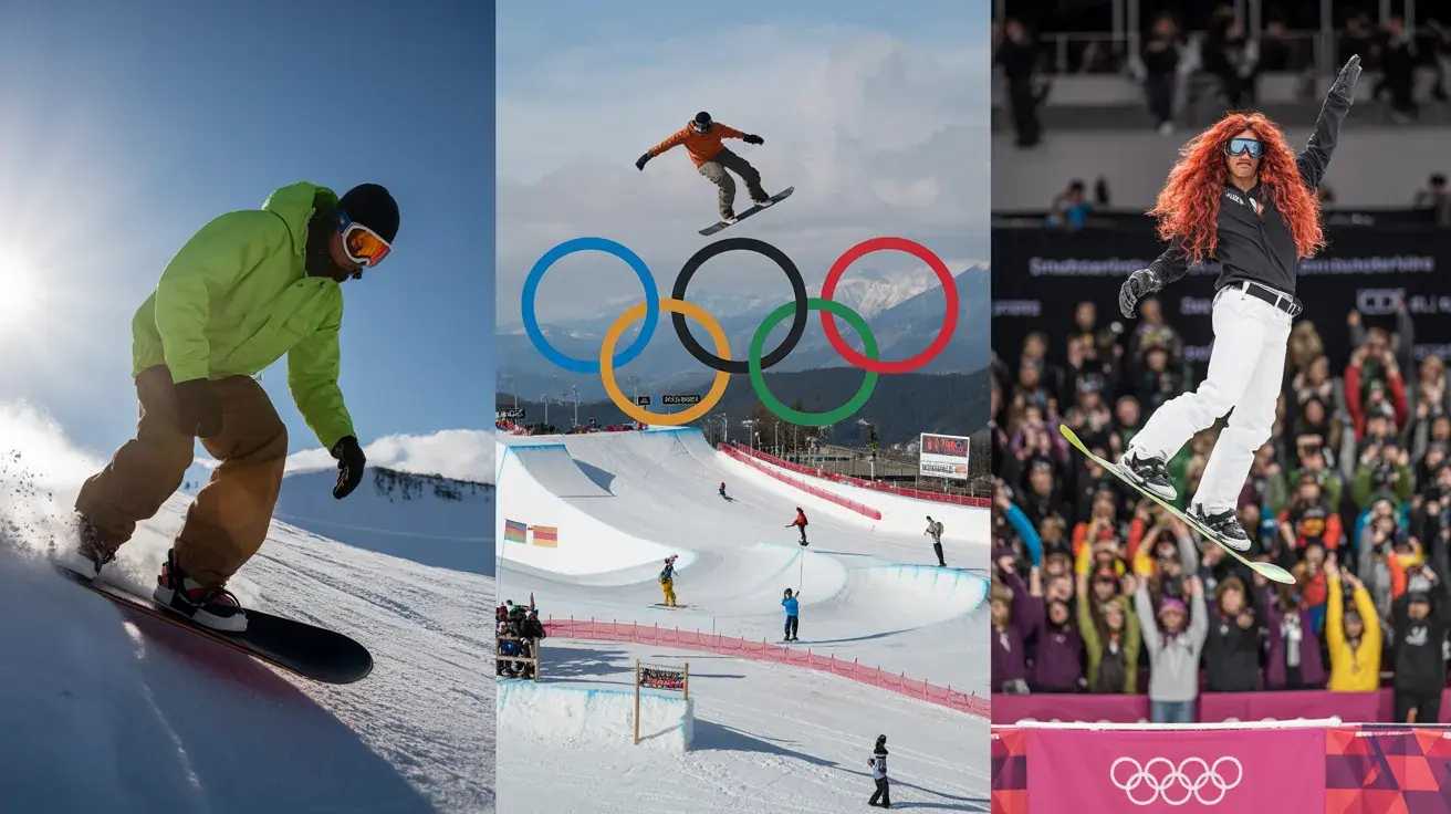 Olympic rings in the background, and a rider performing at a competition, representing snowboarding's growth and mainstream success
