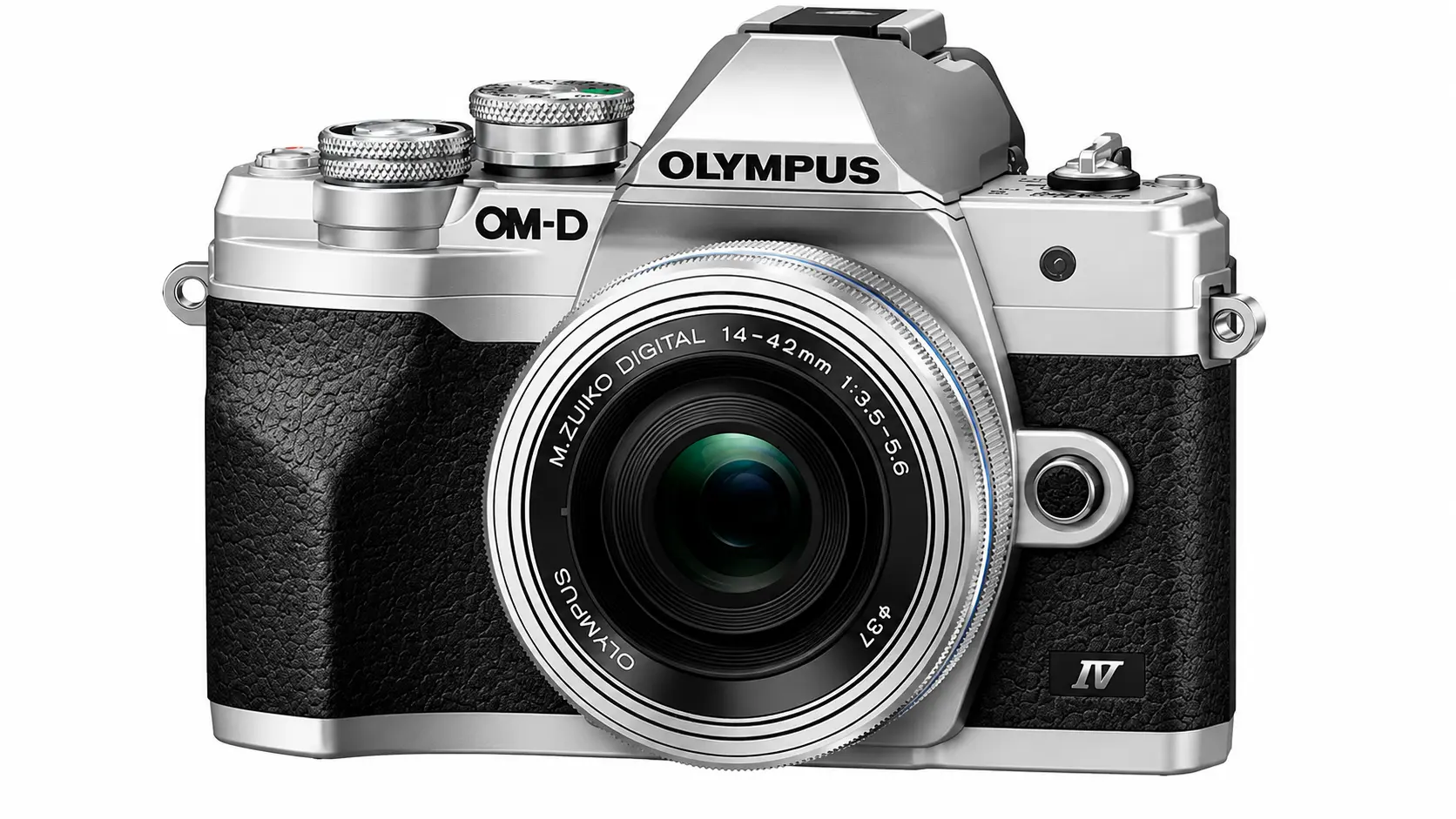 Front-facing Olympus OM-D mirrorless camera with silver and black body on a white background, isolated and centered.