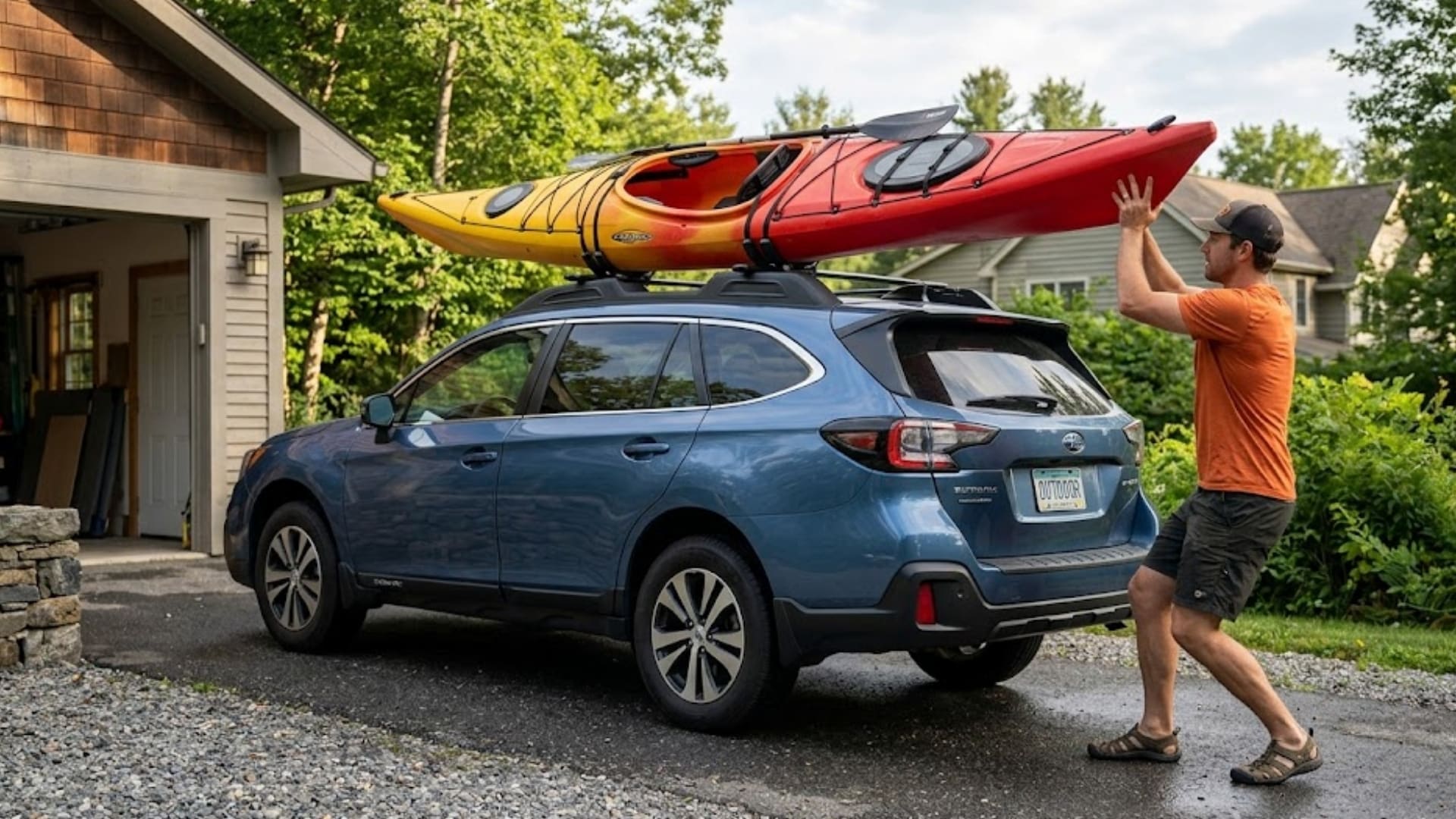 person-loading-kayak-on-roof-rack-alone-using-push-and-slide-method-on-suv-roof-rack-in-daylight