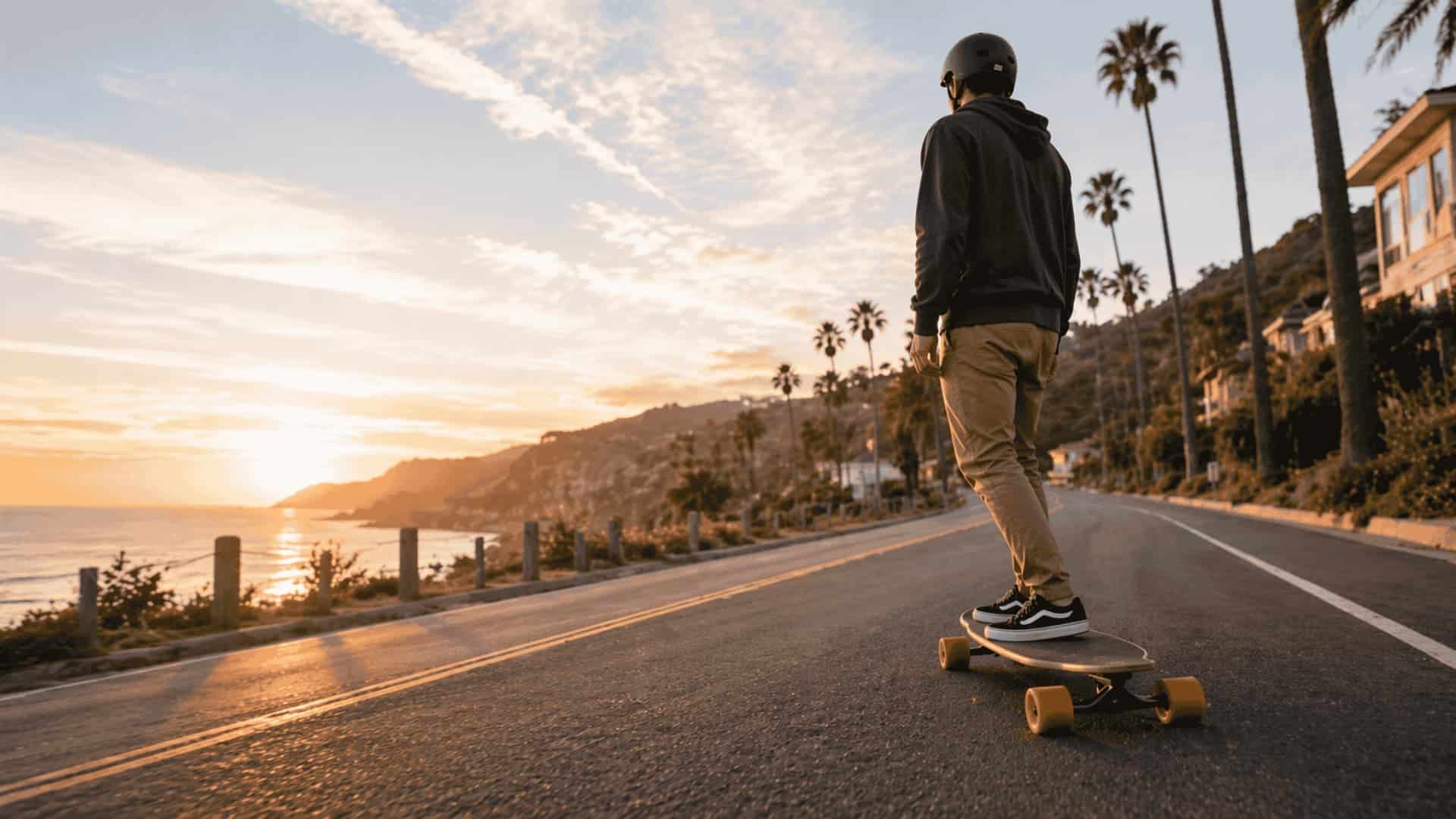 Person riding a longboard on a coastal road at sunset