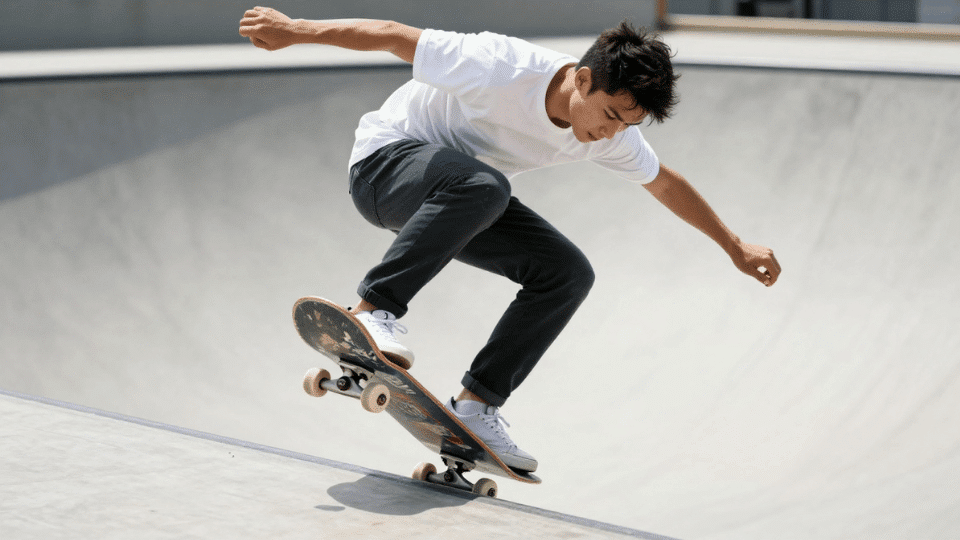 skateboarder riding across a skate park in daylight with ramps and rails in the background.
