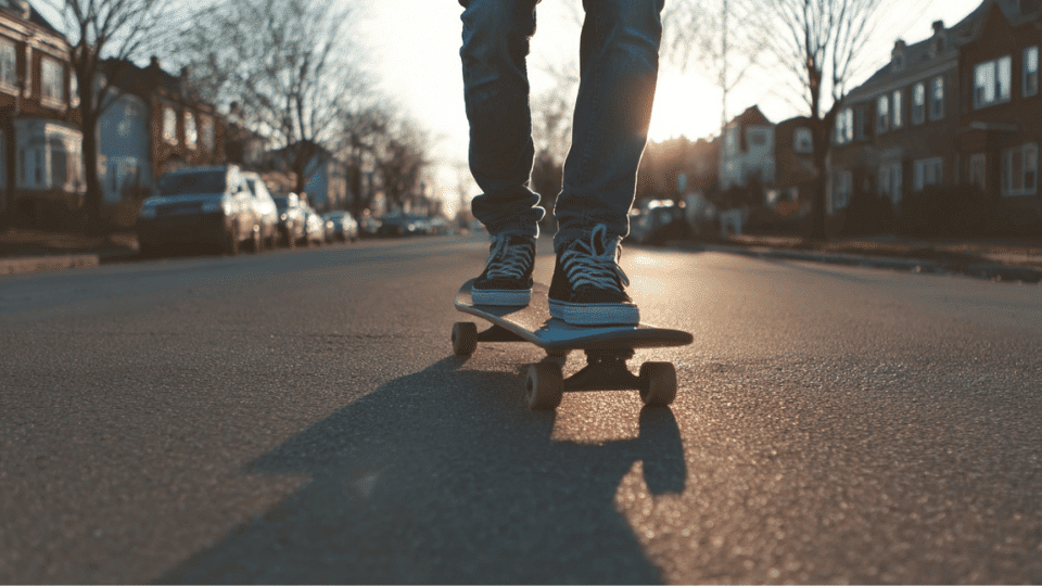 Skateboarder skating on a city road during evening