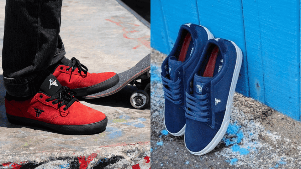 Skateboarders wearing black Fallen Footwear skate shoes