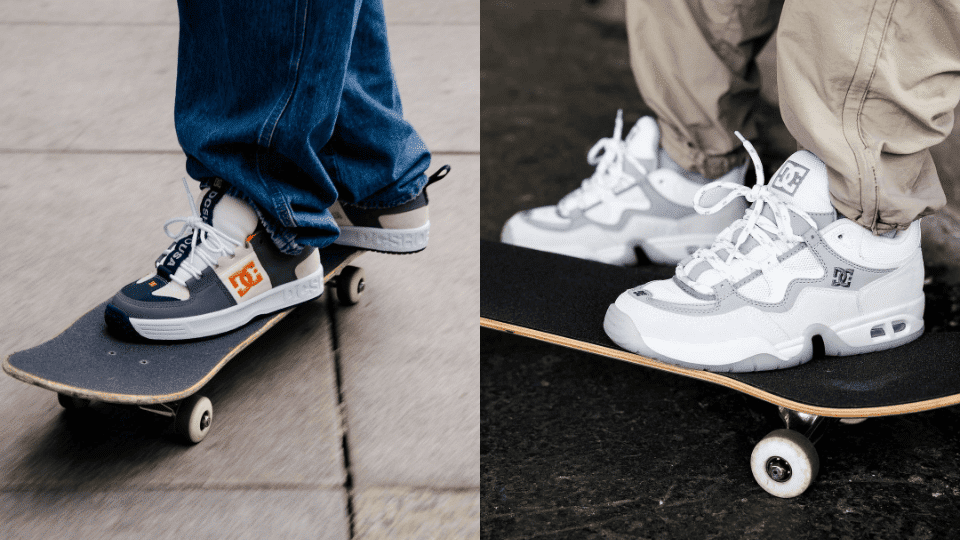 Skateboarders wearing DC skate shoes