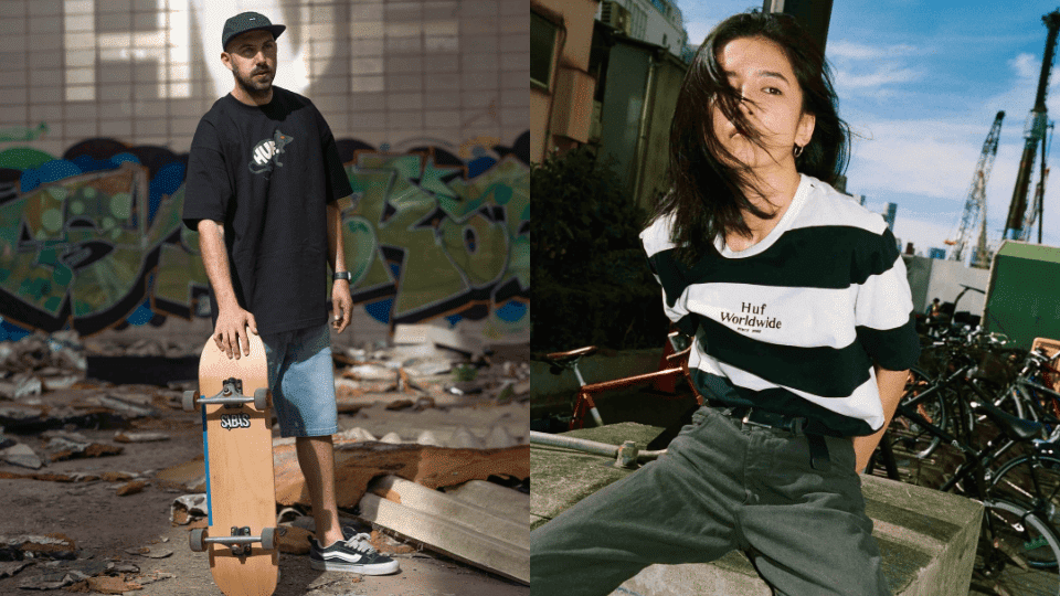 Skateboarders wearing HUF street wear