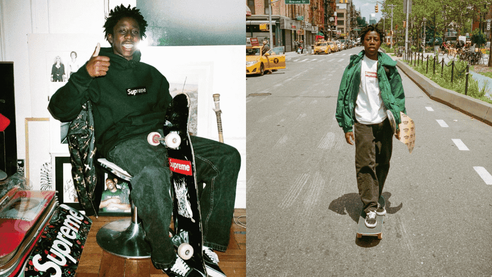 Skateboarders wearing Supreme street wear