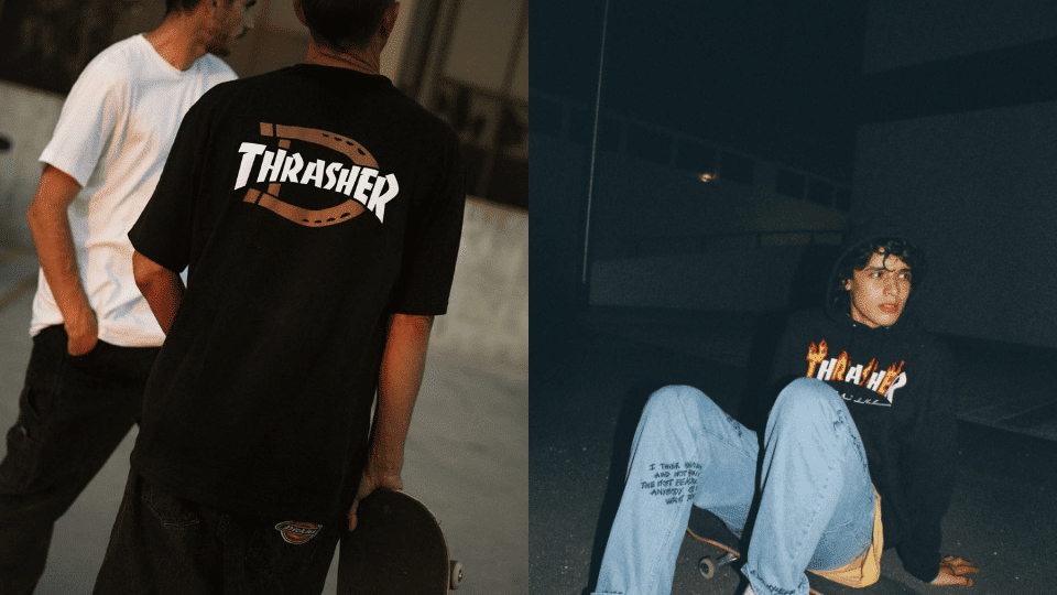Skateboarders wearing Thrasher street wear