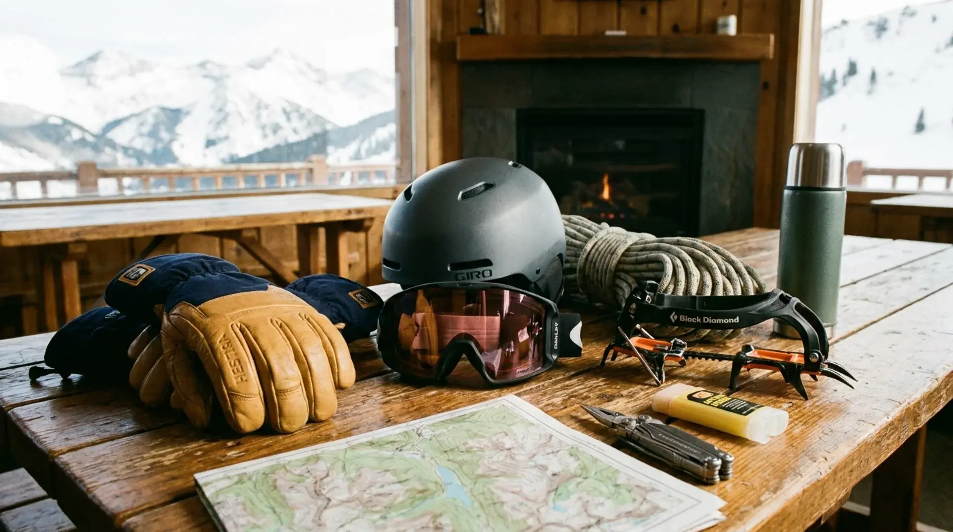 Ski gear including helmet, goggles, gloves, and climbing equipment arranged on a wooden cabin table with snowy mountain views