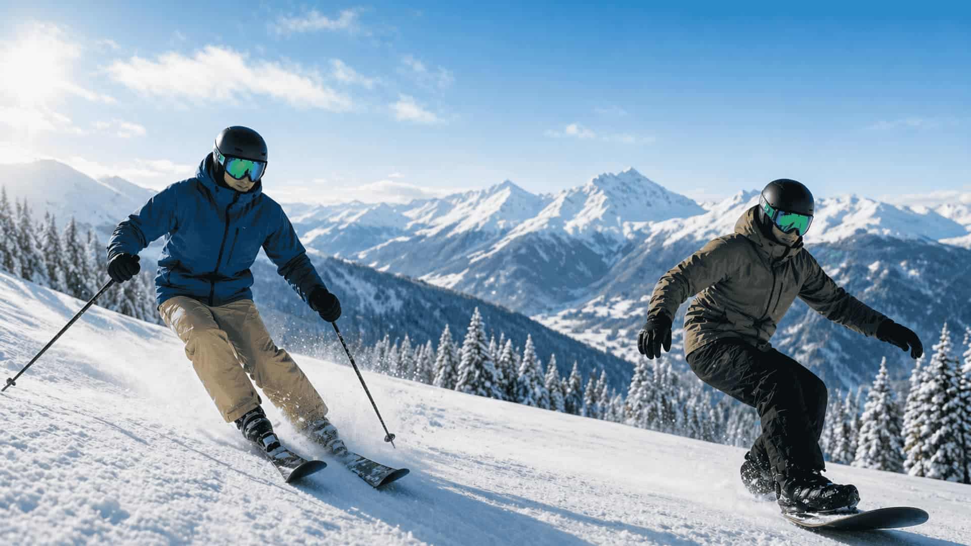 Skier and snowboarder riding side by side on snowy mountain slope