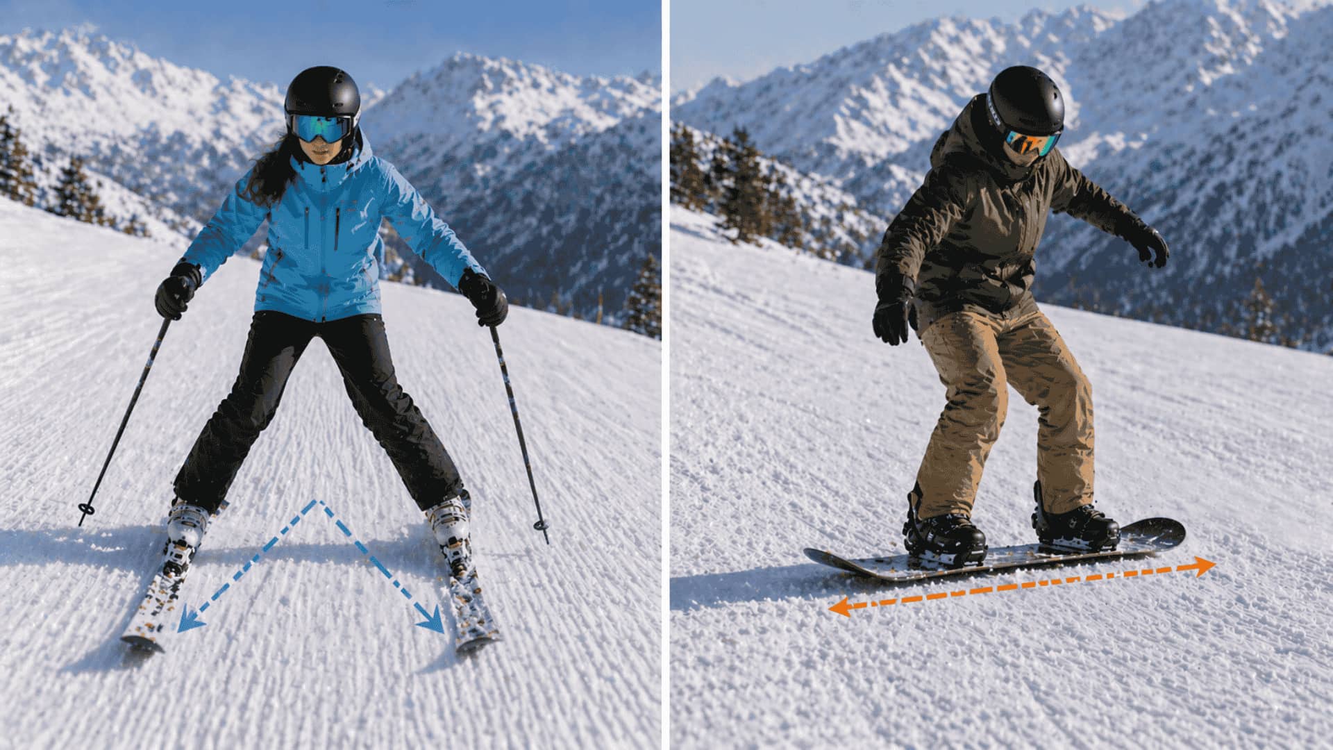 Skier balanced evenly vs snowboarder adjusting stance on slope (1)