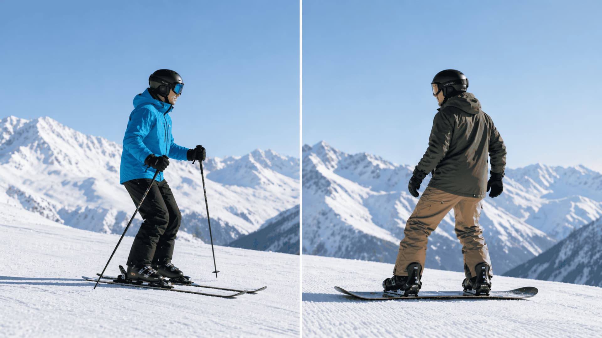Skier facing forward vs snowboarder sideways on snowy slope
