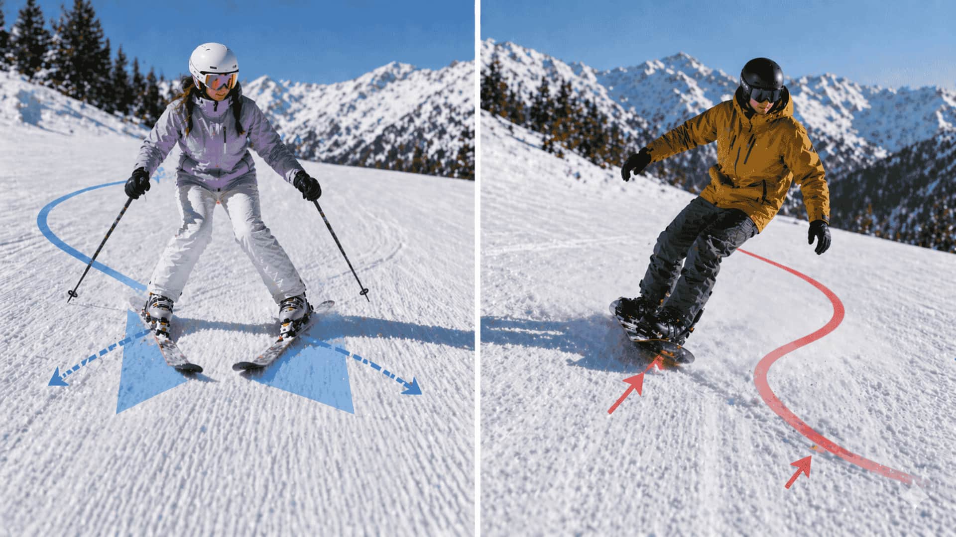 Skier making easy turn vs snowboarder carving turn on snow