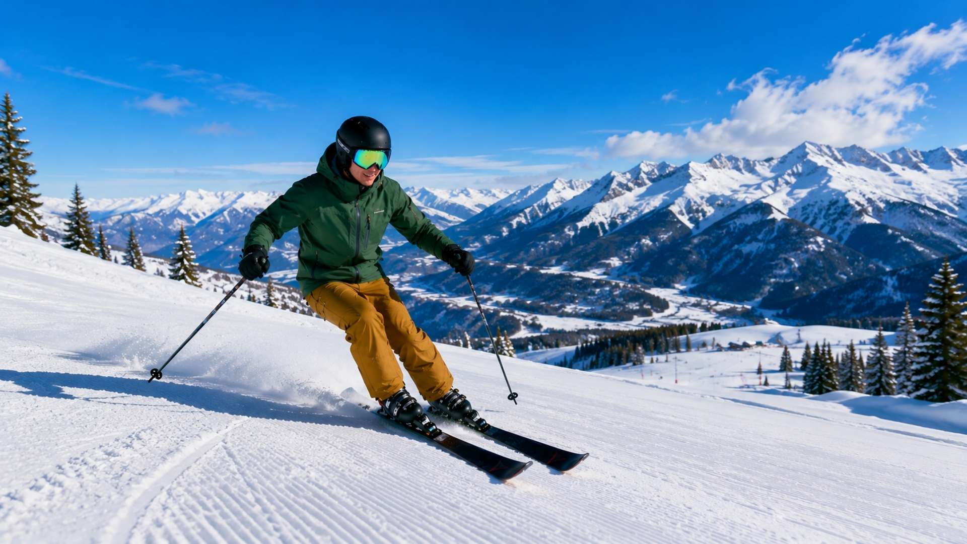 Skier performing parallel skiing on a snowy mountain slope overlooking a blue alpine lake and snow-covered peaks under a bright winter sky.