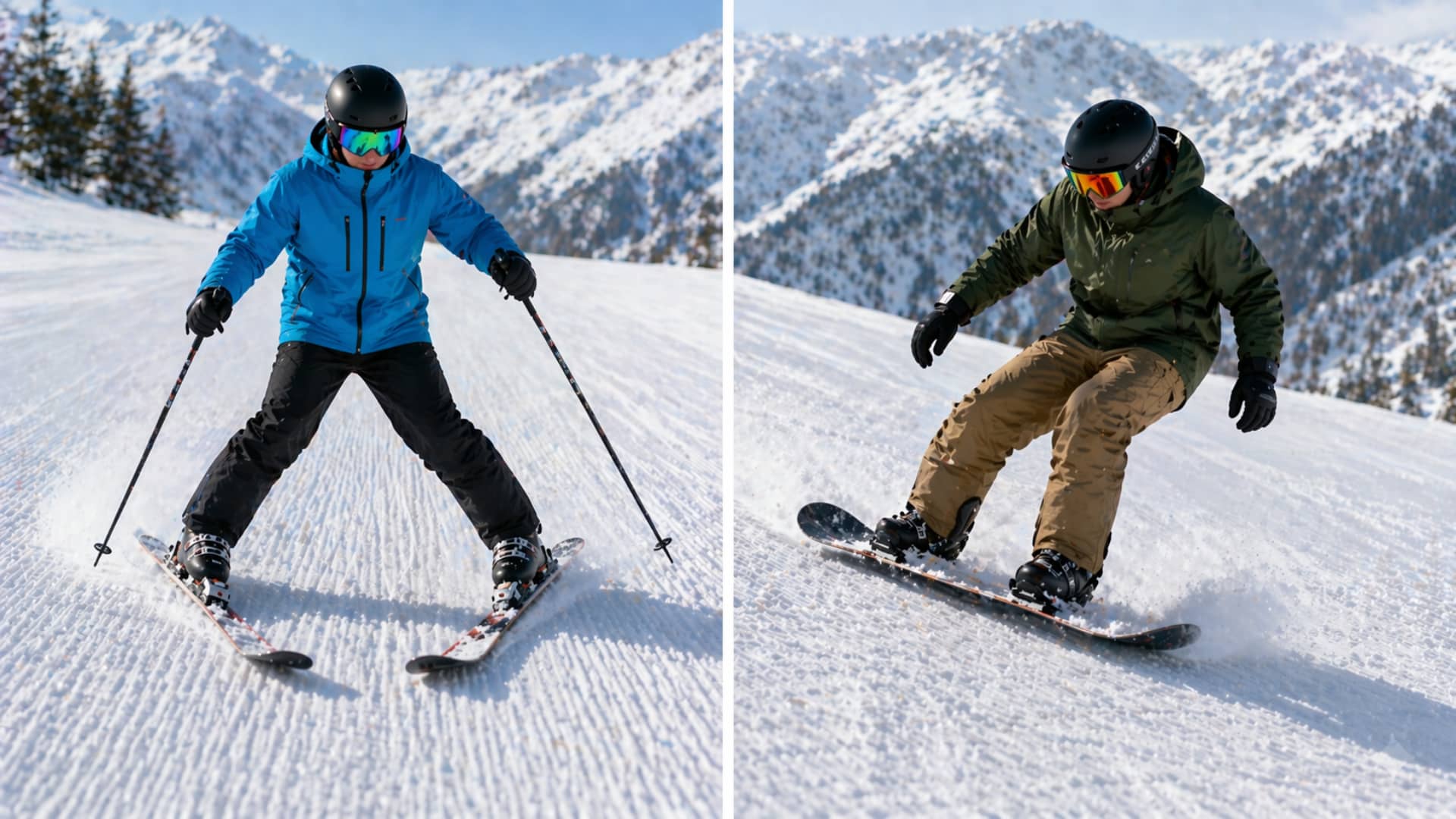 Skier using wedge stop vs snowboarder using edge control