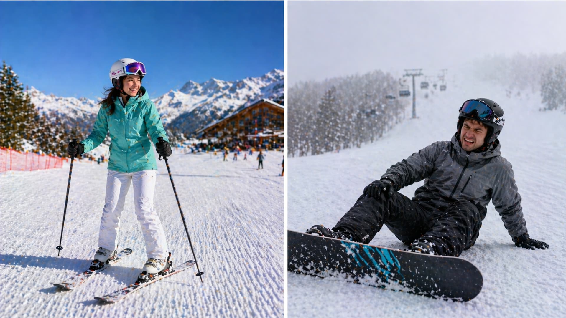 Skier usingHappy skier standing vs snowboarder sitting after fall on slope stop vs snowboarder using edge control