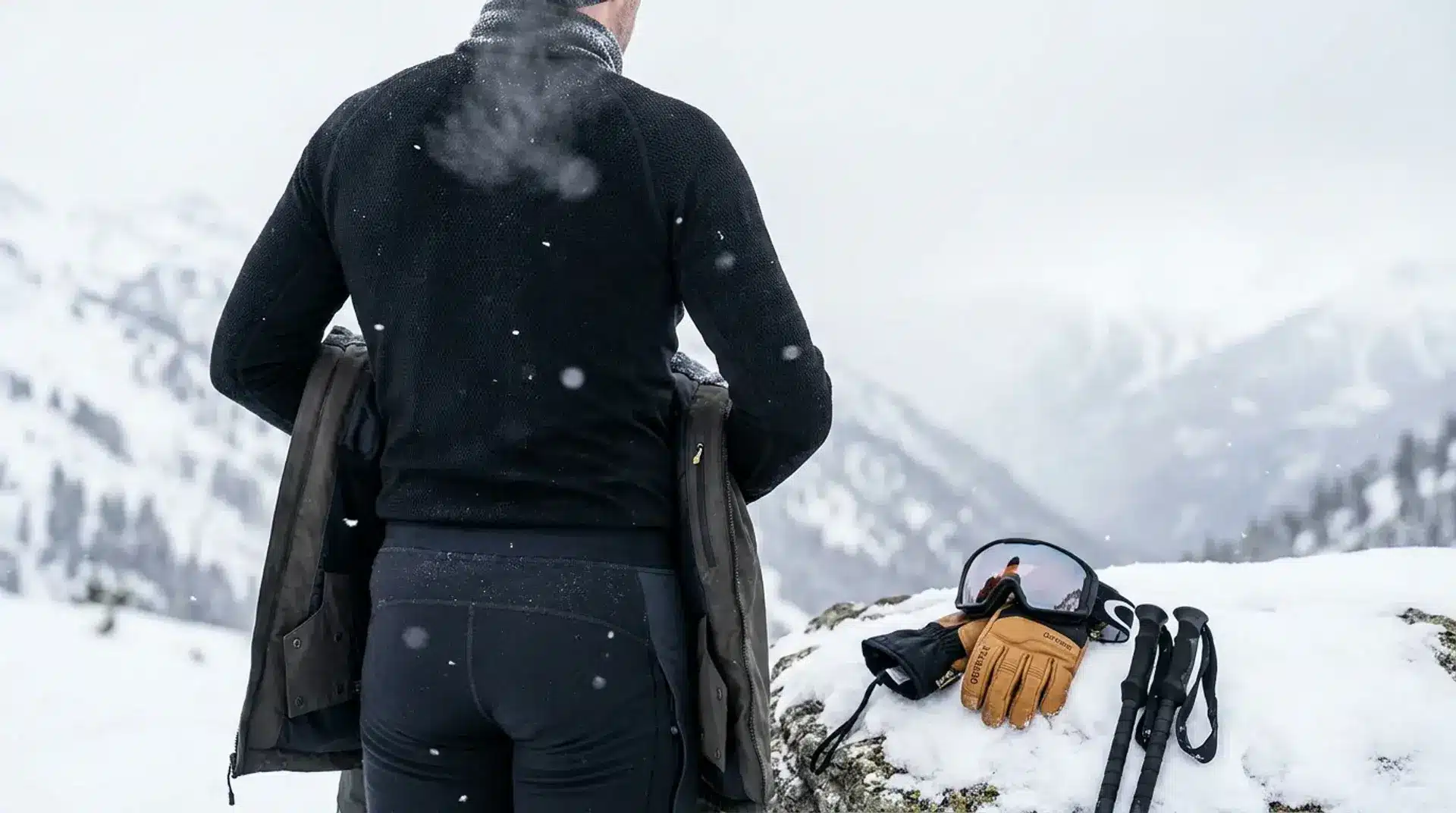 Skier wearing a thermal base layer in snowy mountain conditions with ski gear resting nearby