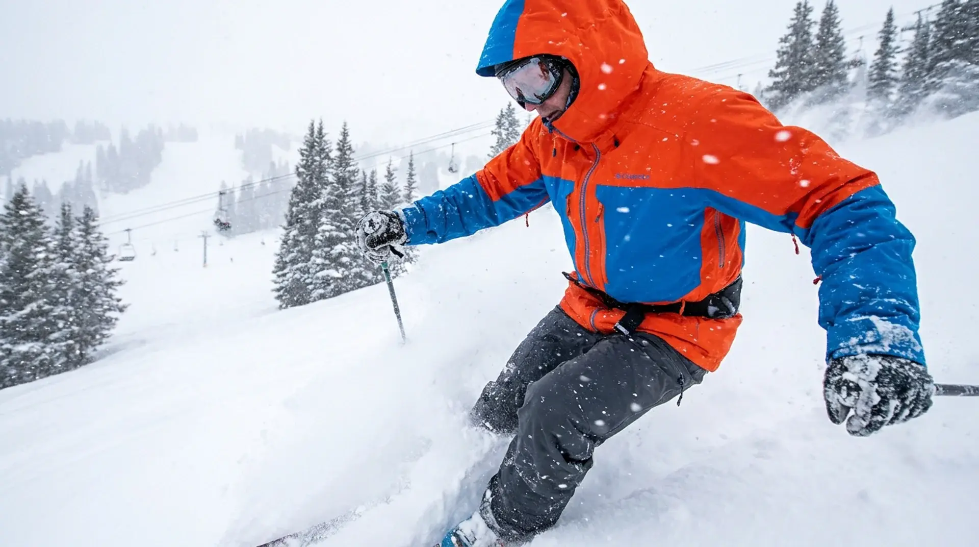 Skier wearing a waterproof outer layer while skiing through deep snow during heavy snowfall