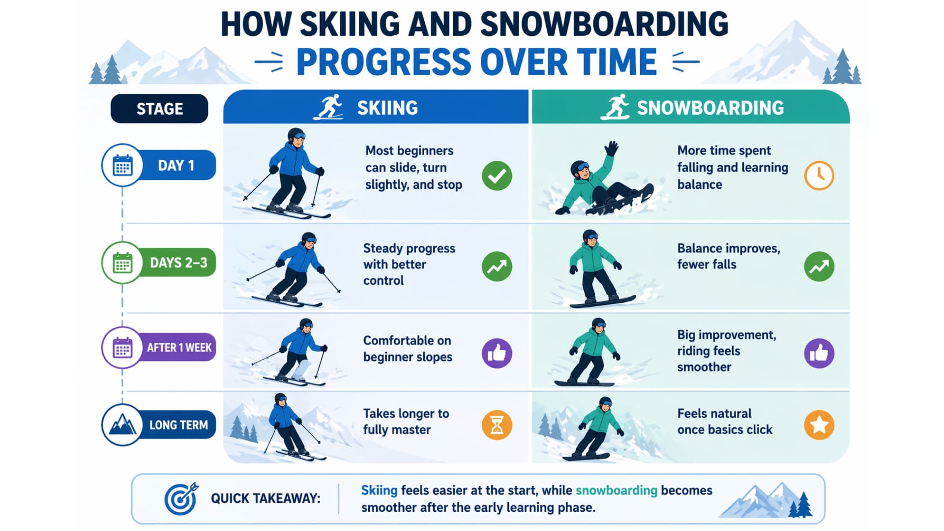 Skiing vs snowboarding learning progress comparison timeline infographic