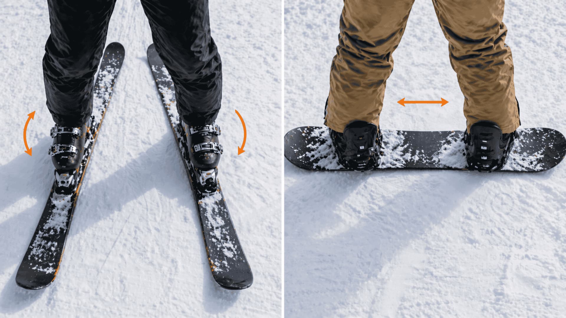 Skis move separately vs snowboard fixed feet on snow