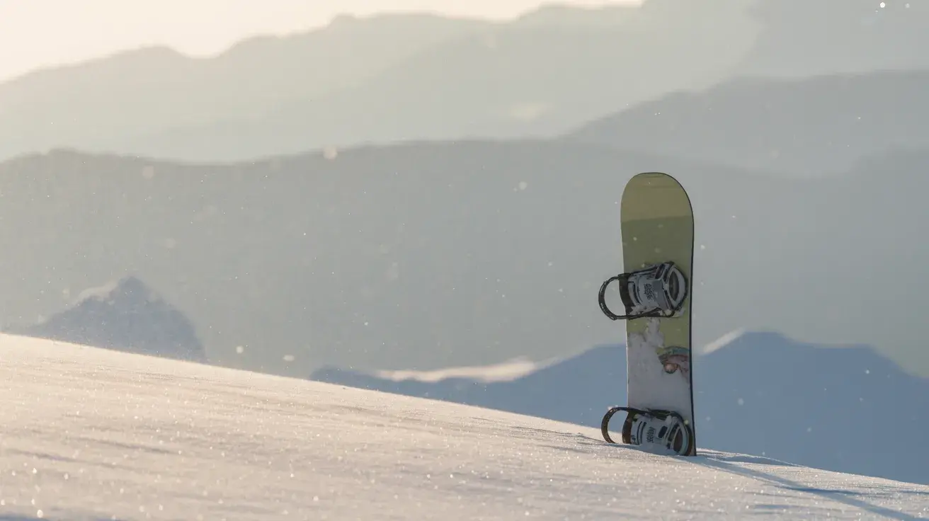 Snowboard standing upright in fresh snow with soft mountain layers in the background and light snowfall