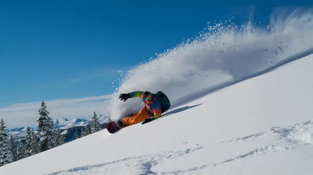 Snowboarder carving sharply through deep powder, kicking up a wide spray of snow on a sunny slope