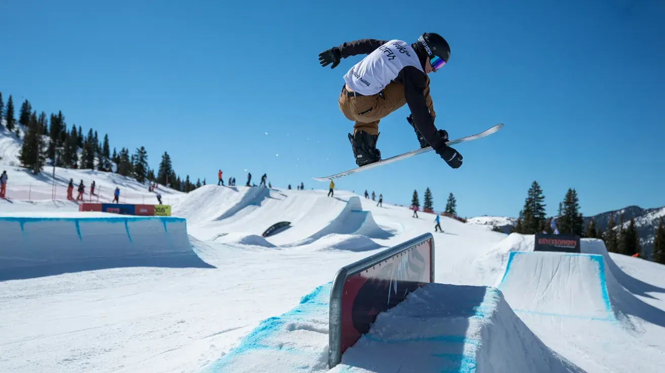 Snowboarder jumping over a rail feature in a terrain park with other riders in the background