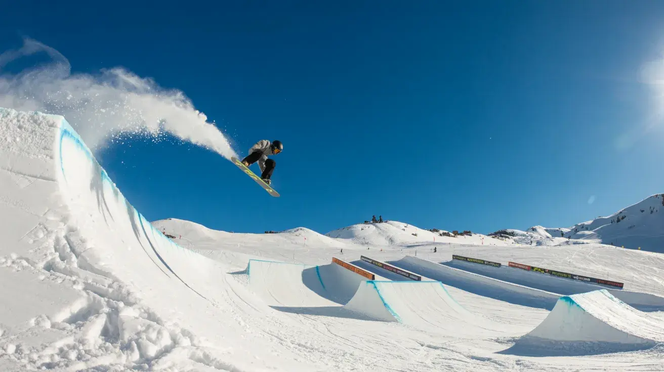 Snowboarder launching off a jump in a terrain park with rails and features across a snowy slope