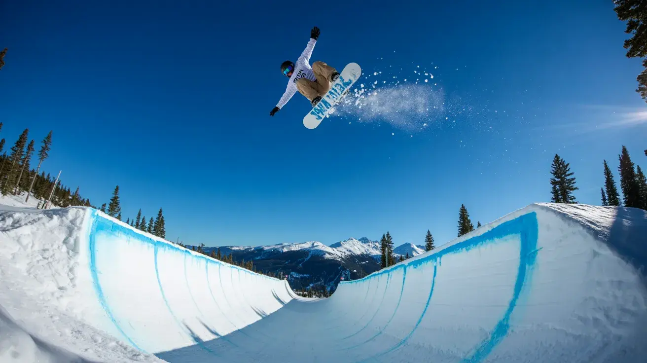 Snowboarder performing a high aerial trick above a halfpipe with snowy mountains in the background