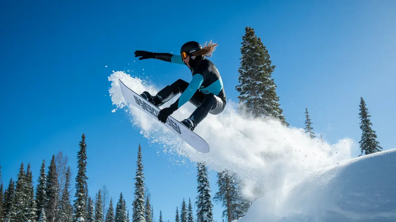 Snowboarder performing a high jump trick with powder spray against a clear blue sky