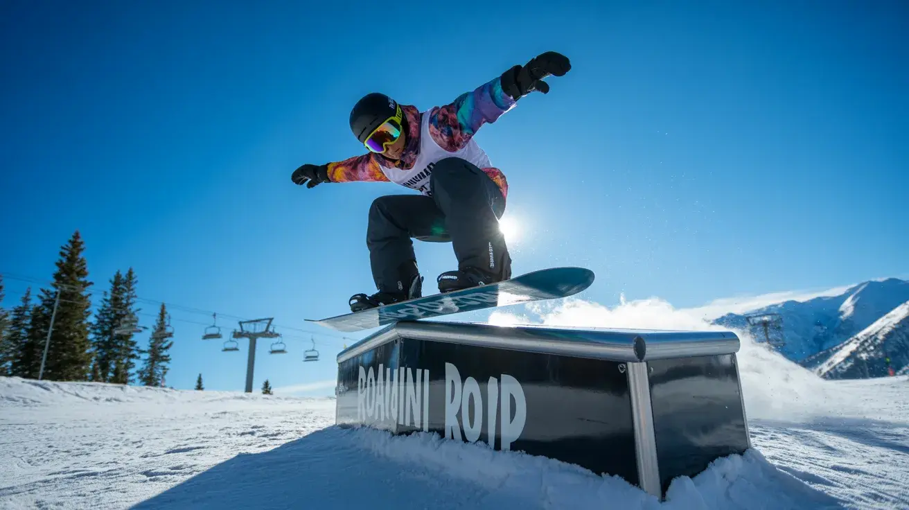 Snowboarder performing a rail trick on a park feature with clear blue sky and ski lift in the background