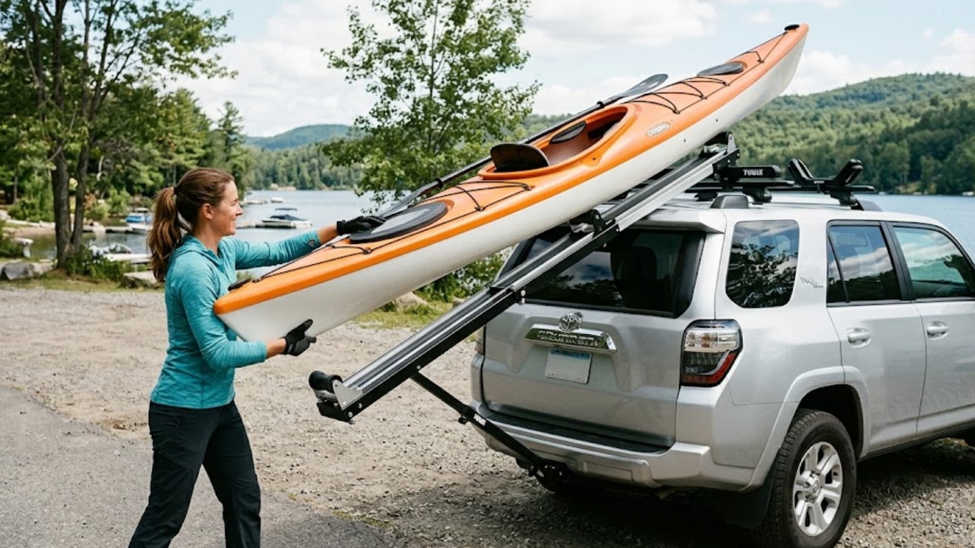 solo-kayak-loading-with-roof-rack-load-assist-bar-and-roller-system-on-suv