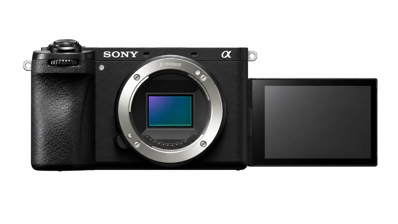 Front view of black Sony a6700 mirrorless camera with E-mount and flipped-out LCD screen on white background