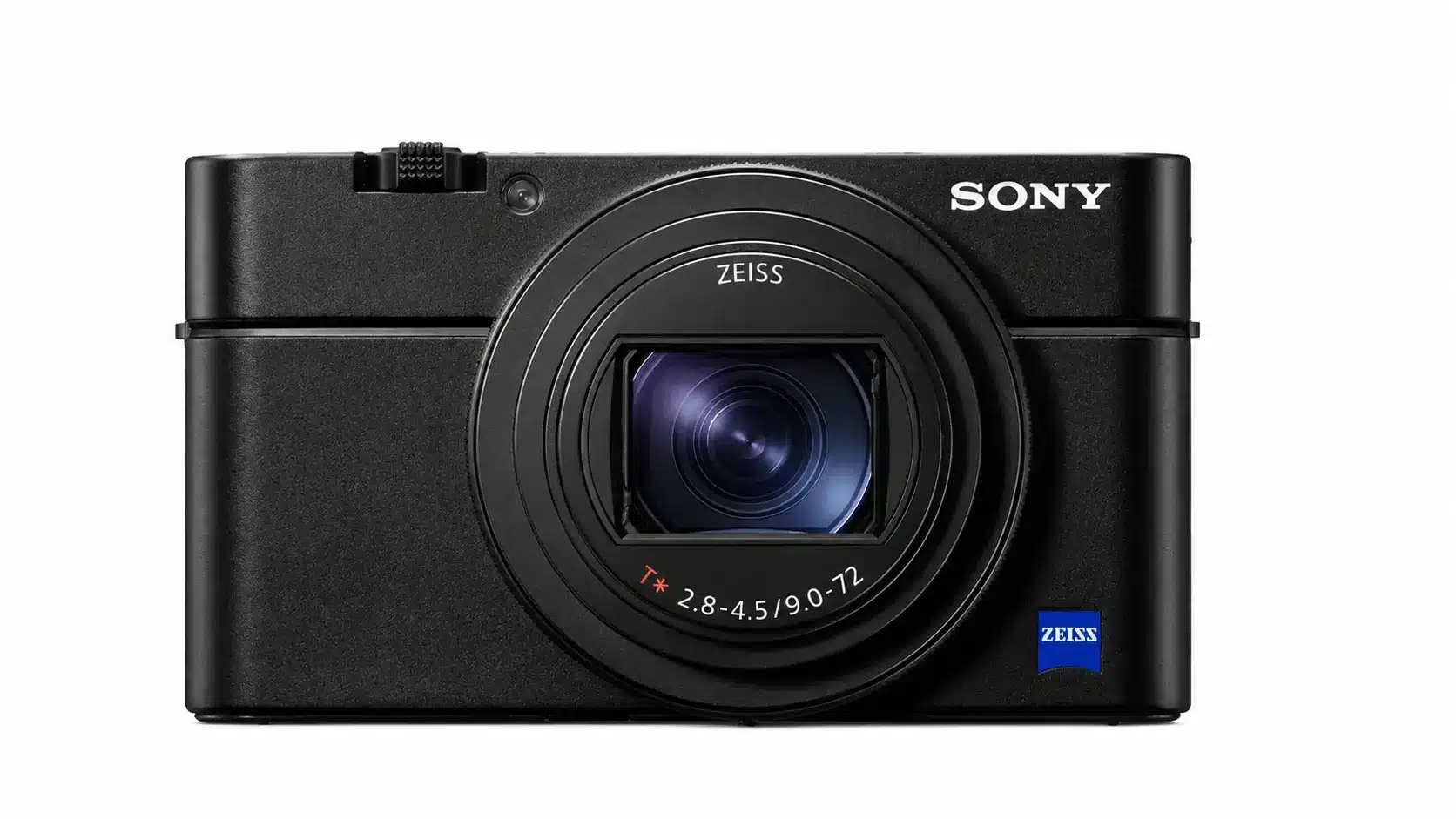 Front view of black Sony compact camera with Zeiss lens on white background, showing detailed lens and textured body
