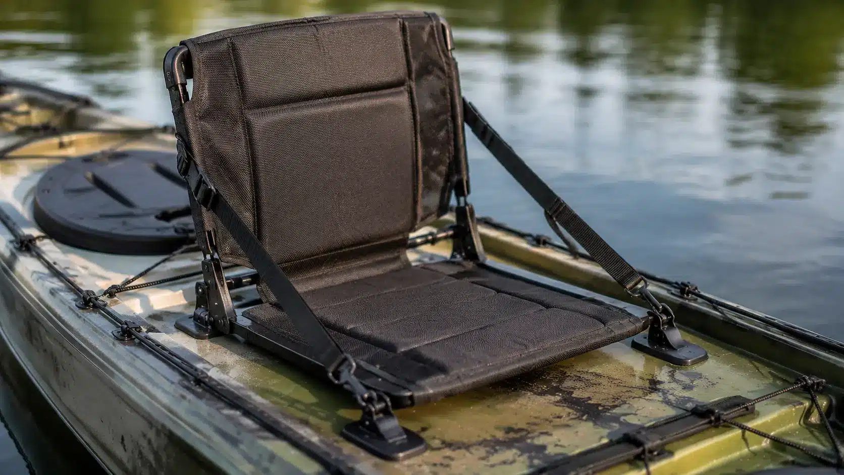 Stadium-style DIY seat mounted on a kayak