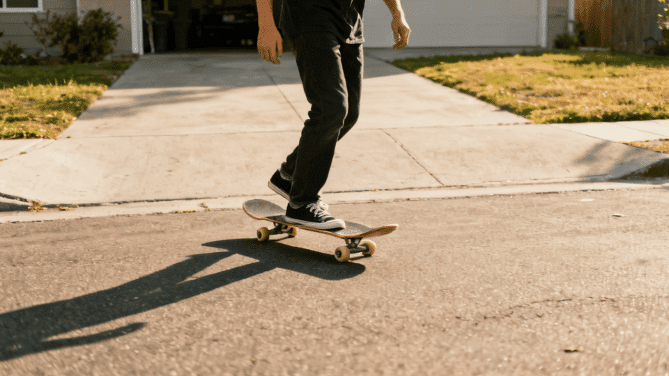 stepping onto a skateboard on pavement in a quiet open space with steady posture