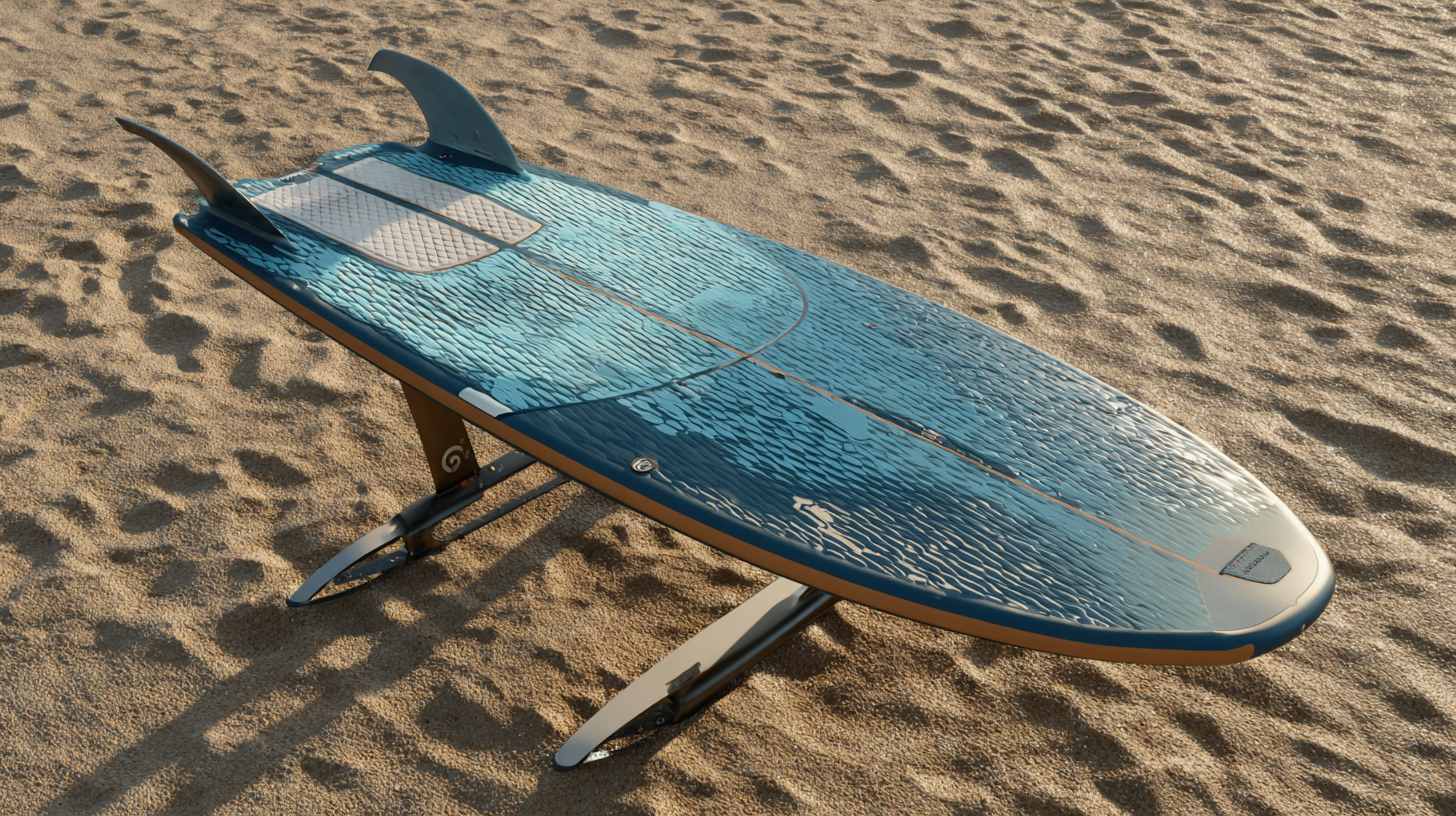 surf foil board with hydrofoil on beach