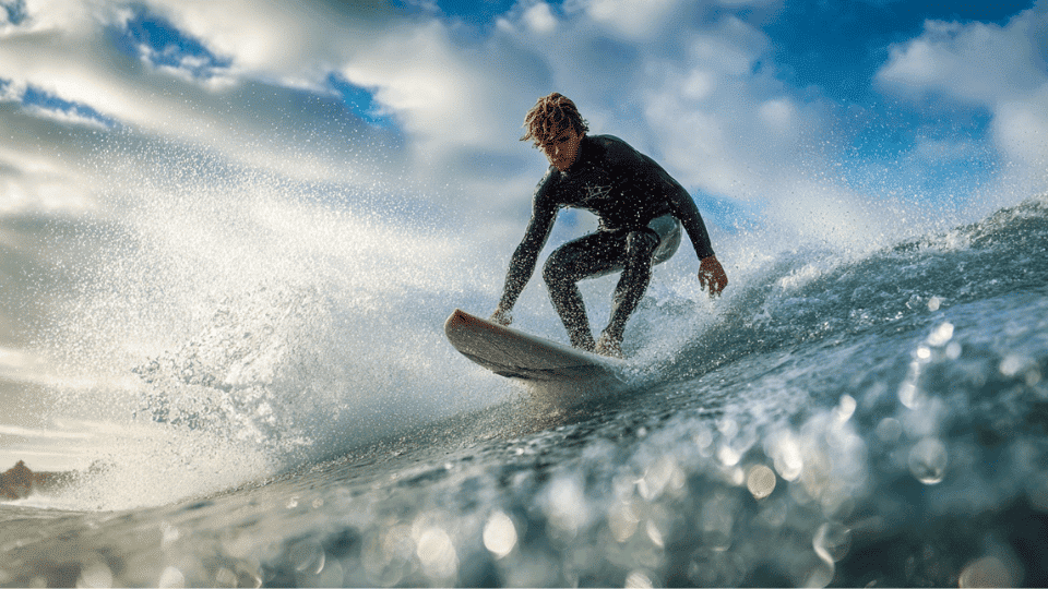 surfer riding a wave with stable stance on a waxed surfboard for grip