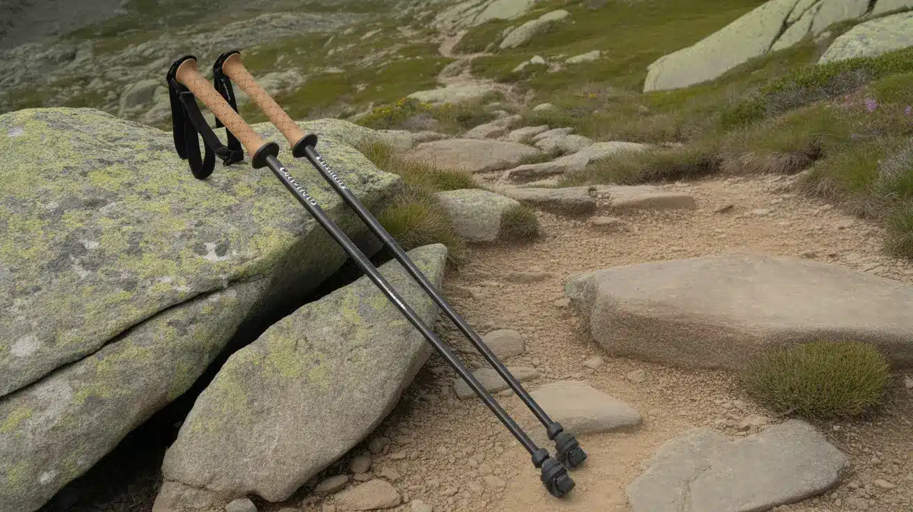 Trekking poles placed on uneven rocky trail showing balance support