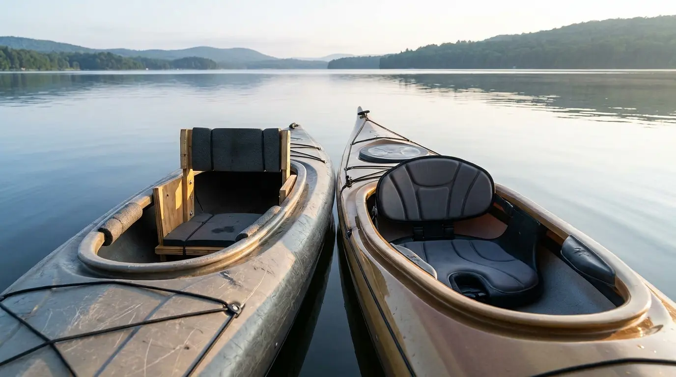 Two kayaks side by side, showing DIY seat vs premium kayak