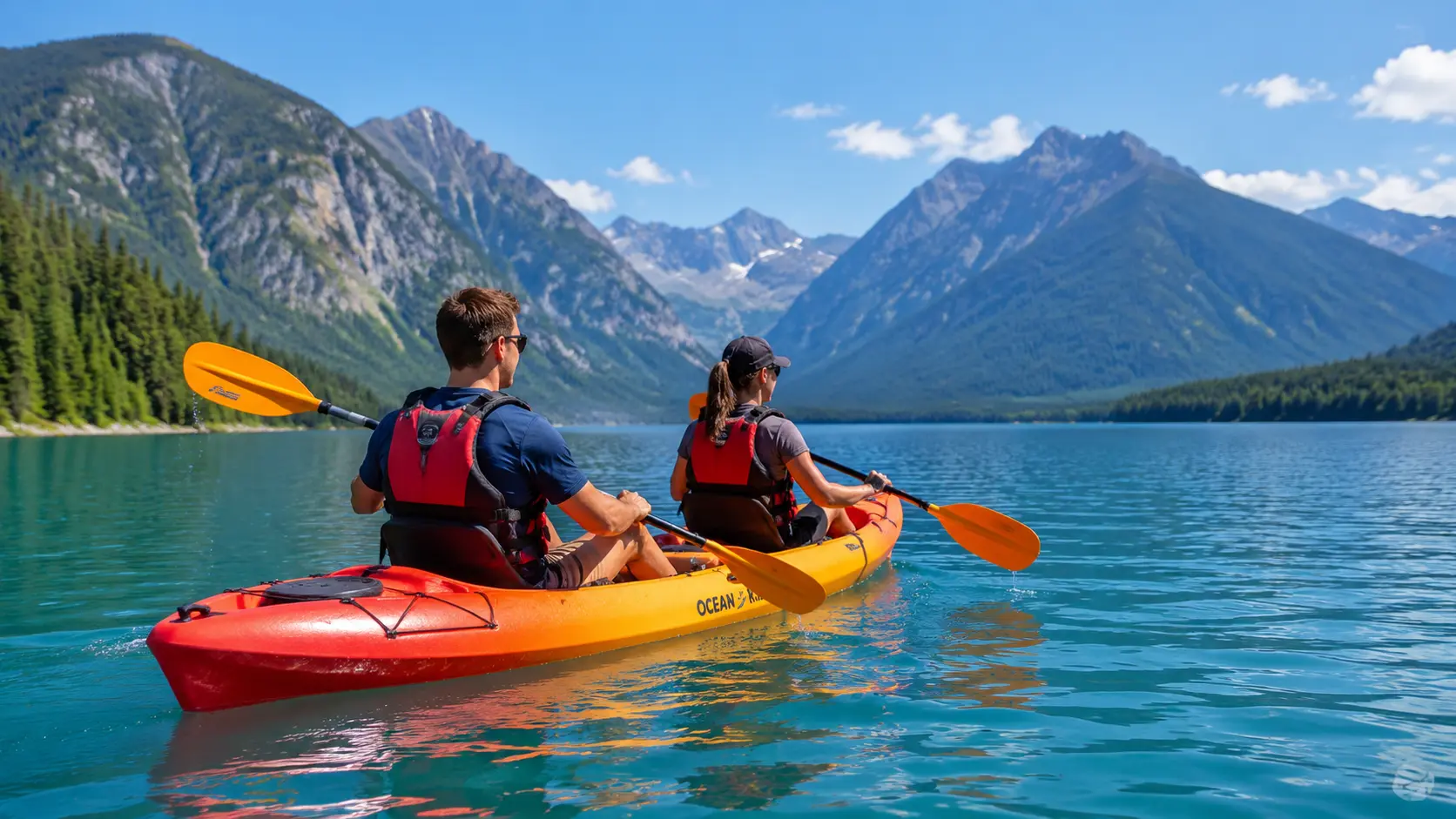 Two people paddling an orange tandem kayak on a calm mountain lake under a clear blue sky