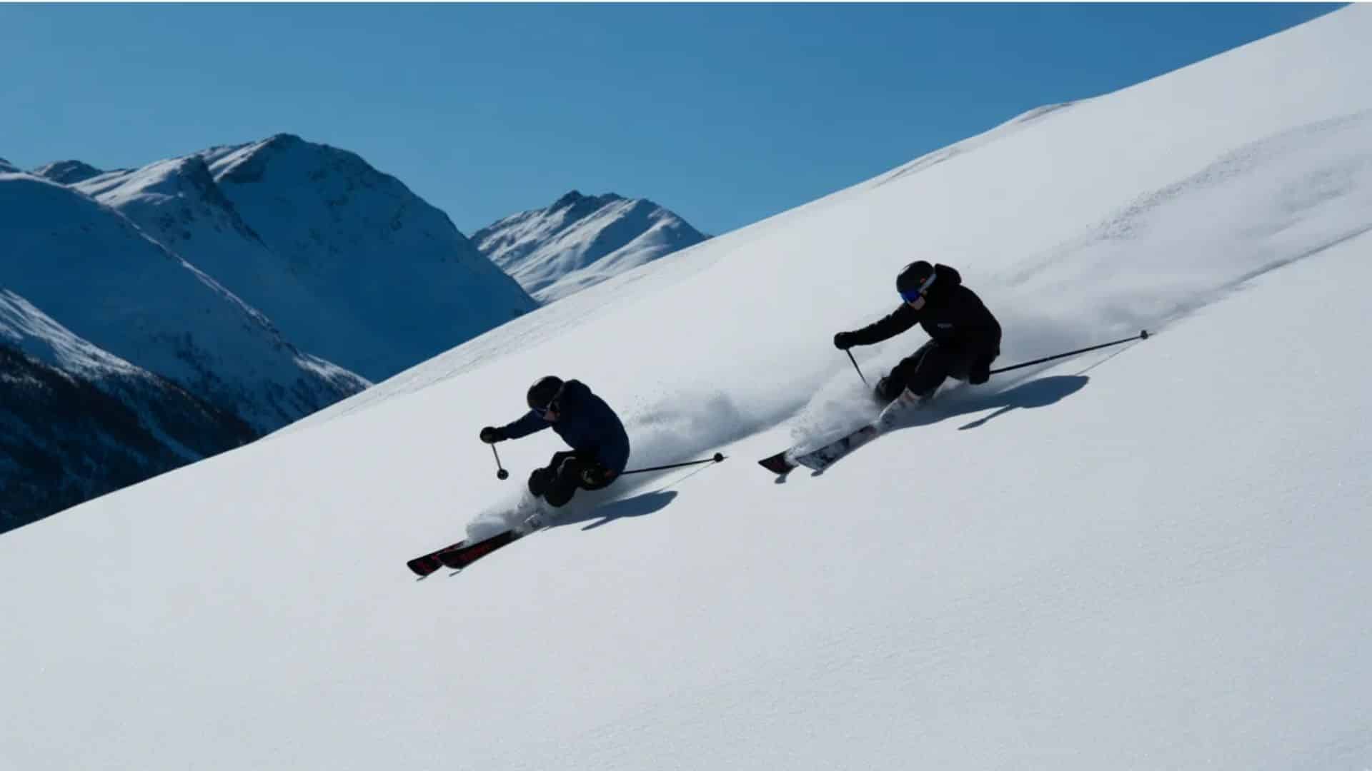 Two professionals doing parallel skiing